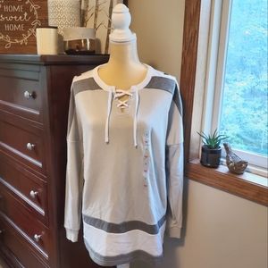 Victoria Secret PINK Oversized Gray and White Varsity Jersey Lace Up Sweatshirt